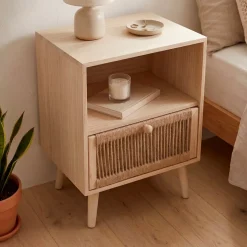Comodino legno e corda di canapa (Alt 55 cm) Manille vano a giorno Beige