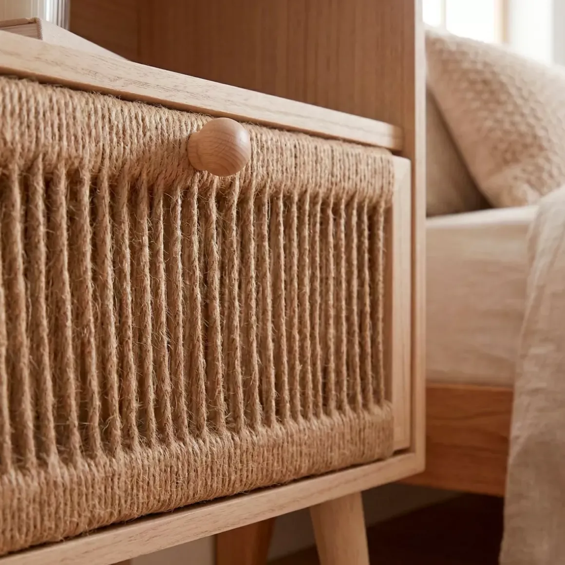 Comodino legno e corda di canapa (Alt 55 cm) Manille vano a giorno Beige