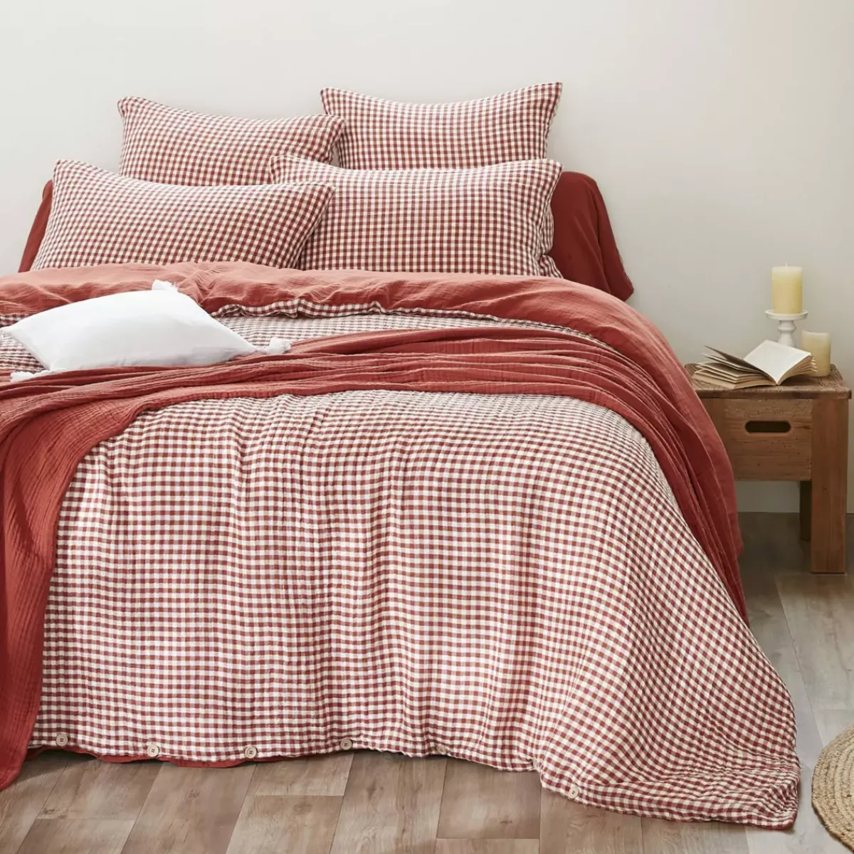 Discount Copripiumino garza di cotone (140 x 200 cm) Gaïa vichy Terracotta Copripiumini