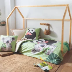 Outlet Copripiumino per bambini in cotone percalle (140 x 200 cm) Panda Biancheria Da Letto Bambini