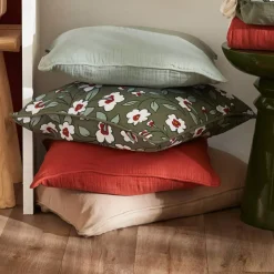 Discount Cuscino quadrato in garza di cotone Gaïa margherita Verde rosmarino Cuscini E Fodere