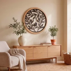 Decorazione murale rotonda in metallo (D60 cm) Foglie Nero