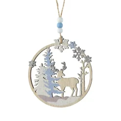 Decorazione natalizia in legno da appendere (D11 cm) Renna nel bosco Azzurro chiaro