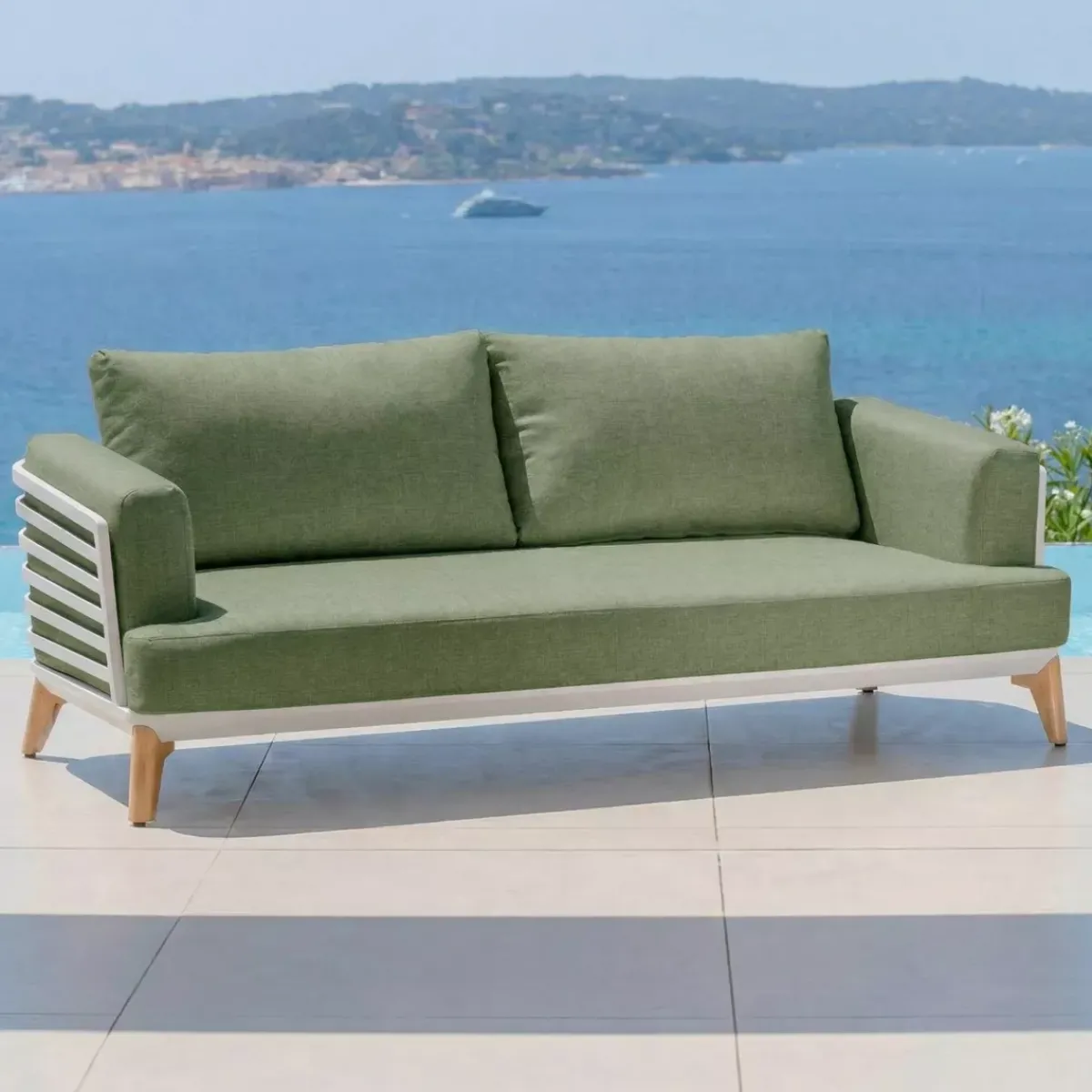 Outlet Divano da giardino in alluminio 2 posti Monte Carlo Bianco e verde rosmarino Tavolini Da Giardino, Divani