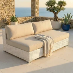 Clearance Divano da giardino in resina intrecciata Palma Bianco e beige Tavolini Da Giardino, Divani