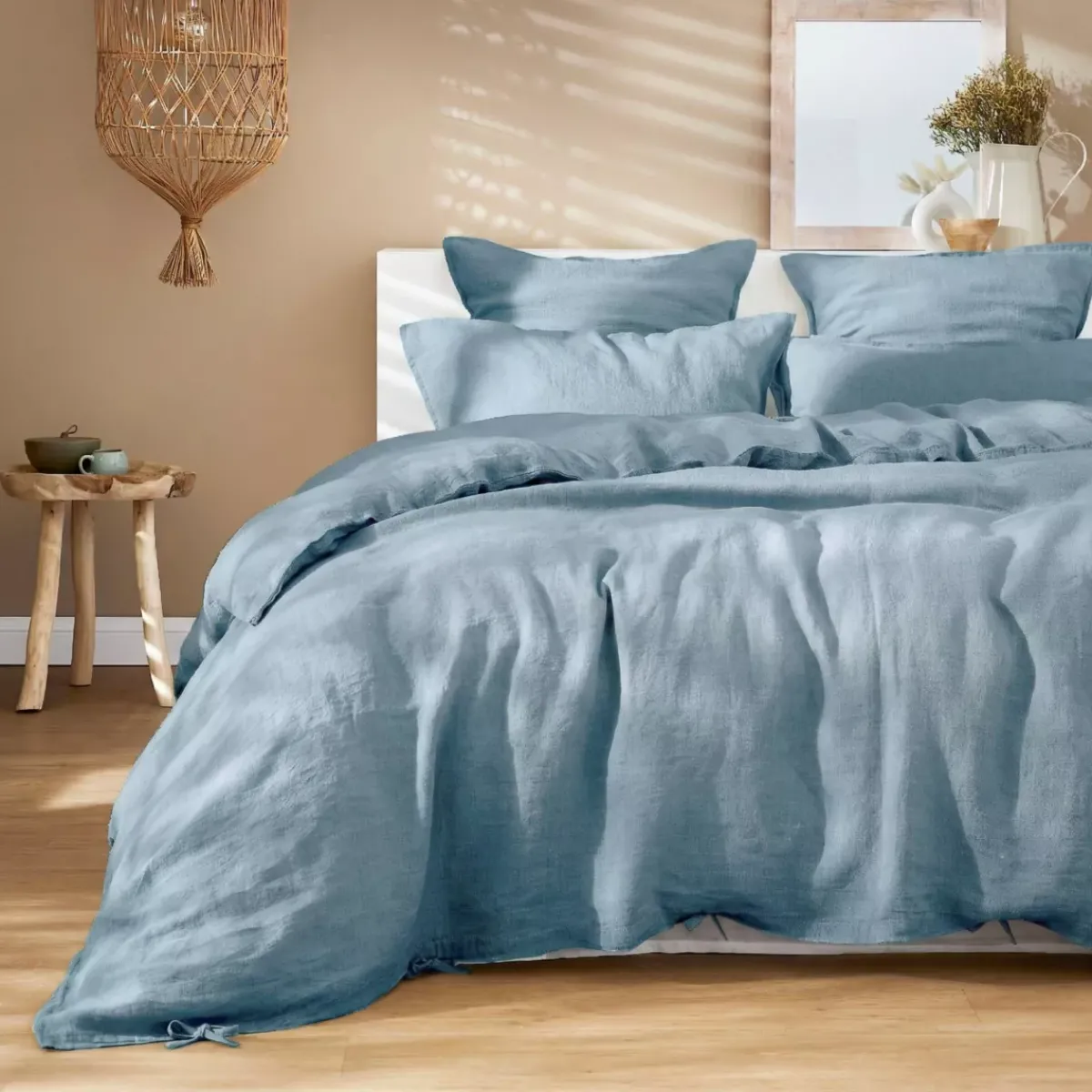 Federa per cuscino a rullo in lino lavato (L185 cm) Louise Azzurro Federe Cuscino Letto