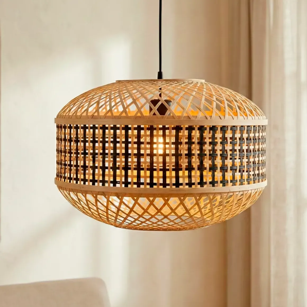 Lampada a sospensione in bambù (D45 cm) Nero e naturale