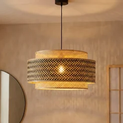 Lampada a sospensione rotonda in bambù (D53 cm) Oviedo Nero e naturale