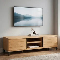 Mobile TV 2 scomparti 2 ante in rovere massiccio e metallo (150 x 44 cm) Bristol Naturale