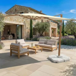 Ombrellone decentrato quadrato in alluminio con base (3 x 3 m) Elyra effetto legno e Beige