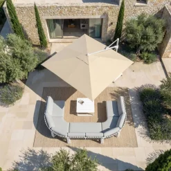 Ombrellone decentrato quadrato in alluminio con base (3 x 3 m) Elyra Bianco e Beige