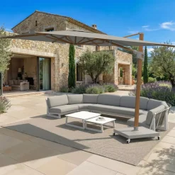 Ombrellone decentrato quadrato in alluminio con base (3 x 3 m) Elyra effetto legno e Grigio