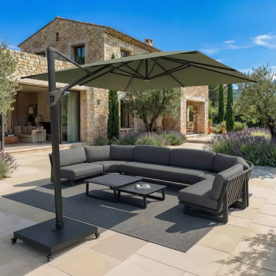 Ombrellone decentrato rettangolare in alluminio con base (3 x 4 m) Elyra Antracite e Verde oliva