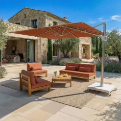 Ombrellone decentrato rettangolare in alluminio con base (3 x 4 m) Elyra effetto legno e Terracotta