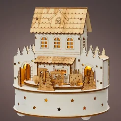 Paese di Natale in legno luminoso e musicale a pile (H19 cm) Casa di famiglia