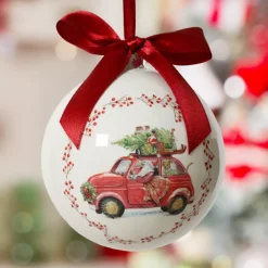 Pallina di Natale (D100 mm) Fiocco rosso Auto di Babbo Natale Bianco