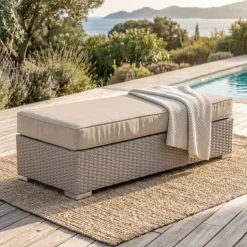 Discount Panca in resina intrecciata 2 posti Palma Grigio e beige Tavolini Da Giardino, Divani