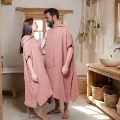 New Poncho adulto in garza di cotone L/XL Gaïa Pesca Rosa Biancheria Bagno|Accappatoio