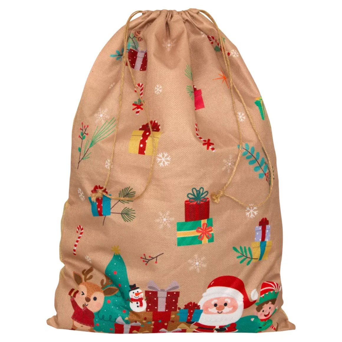 Sacchetto regalo in juta (H70 cm) Folletto e Babbo Natale Beige