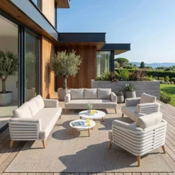 New Salotto da giardino alluminio 8 posti 6 pezzi Monte Carlo Bianco e tortora Salotto Da Giardino