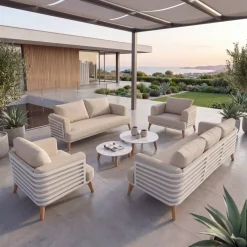 Outlet Salotto da giardino alluminio 7 posti 6 pezzi Monte Carlo Bianco e beige Salotto Da Giardino