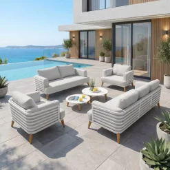 Hot Salotto da giardino alluminio 7 posti 6 pezzi Monte Carlo Bianco e grigio chiaro Salotto Da Giardino