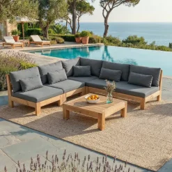 New Salotto da giardino angolare in legno di acacia 6 posti 5 pezzi Bornéo Grigio Salotto Da Giardino