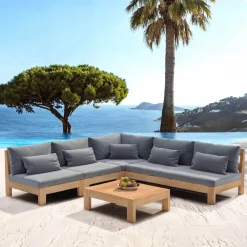 New Salotto da giardino angolare in legno di acacia 6 posti 5 pezzi Bornéo Grigio Salotto Da Giardino