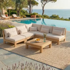 Salotto da giardino angolare in legno di acacia 6 posti 5 pezzi Bornéo Salotto Da Giardino