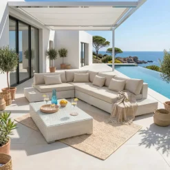 Discount Salotto da giardino angolare in resina intrecciata Palma Bianco e beige Salotto Da Giardino