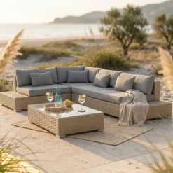 Clearance Salotto da giardino angolare in resina intrecciata Palma Grigio e antracite Salotto Da Giardino