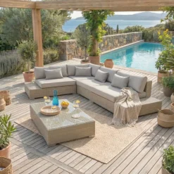 New Salotto da giardino angolare in resina intrecciata Palma Grigio e tortora Salotto Da Giardino