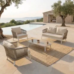 Sale Salotto da giardino in alluminio 4 posti 4 pezzi Amalfi Bianco e beige Salotto Da Giardino