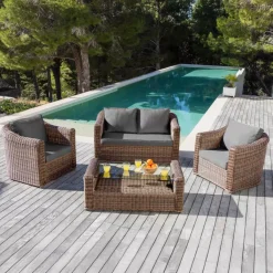 Sale Salotto da giardino in resina intrecciata 4 posti 4 pezzi Calvi Seppia e grigio scuro Salotto Da Giardino