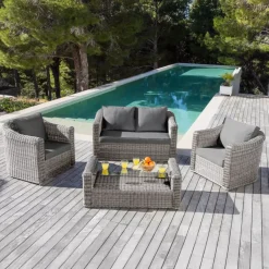 Online Salotto da giardino in resina intrecciata 4 posti 4 pezzi Calvi Grigio e grigio scuro Salotto Da Giardino