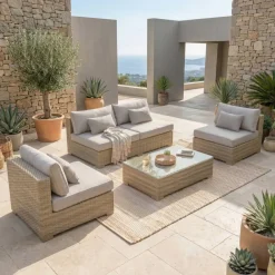 Online Salotto da giardino in resina intrecciata 4 posti 4 pezzi Palma Grigio e tortora Salotto Da Giardino