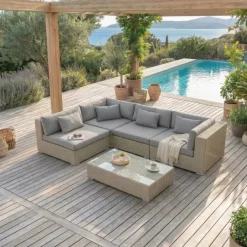 Sale Salotto da giardino in resina intrecciata 4 posti 5 pezzi Palma Grigio e antracite Salotto Da Giardino