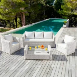 New Salotto da giardino in resina intrecciata 5 posti 4 pezzi Calvi Bianco Salotto Da Giardino