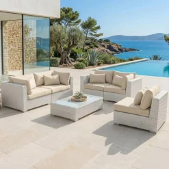Hot Salotto da giardino in resina intrecciata 5 posti 6 pezzi Palma Bianco e beige Salotto Da Giardino