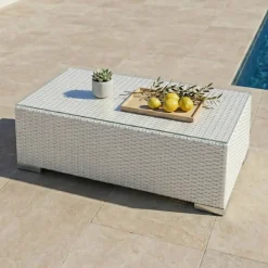 Hot Salotto da giardino in resina intrecciata 5 posti 6 pezzi Palma Bianco e beige Salotto Da Giardino