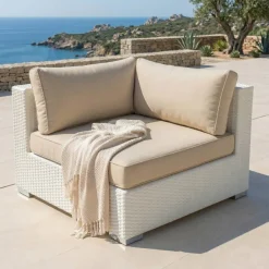 Outlet Salotto da giardino in resina intrecciata 9 pezzi Palma Bianco e beige Salotto Da Giardino