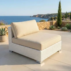 Outlet Salotto da giardino in resina intrecciata 9 pezzi Palma Bianco e beige Salotto Da Giardino