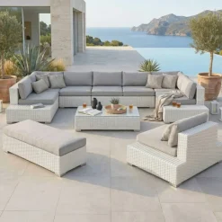 Hot Salotto da giardino in resina intrecciata 9 pezzi Palma Bianco e grigio Salotto Da Giardino
