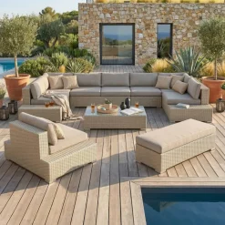 New Salotto da giardino in resina intrecciata 9 pezzi Palma Grigio e tortora Salotto Da Giardino