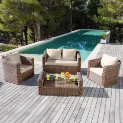 Outlet Salotto da giardino in resina intrecciata 4 posti 4 pezzi Calvi Seppia e tortora Salotto Da Giardino