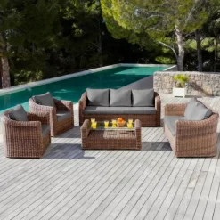 New Salotto da giardino in resina intrecciata 5 pezzi Calvi Seppia e grigio scuro Salotto Da Giardino