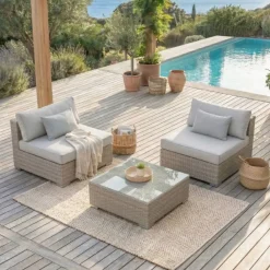 Outlet Salotto da giardino in resina intrecciata 2 posti 3 pezzi Palma Grigio Salotto Da Balcone|Salotto Da Giardino