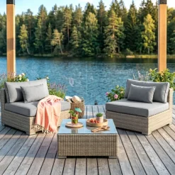 Outlet Salotto da giardino in resina intrecciata 2 posti 3 pezzi Palma Grigio e antracite Salotto Da Balcone|Salotto Da Giardino