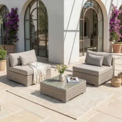 New Salotto da giardino in resina intrecciata 2 posti 3 pezzi Palma Grigio e tortora Salotto Da Balcone|Salotto Da Giardino