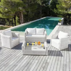 Discount Salotto da giardino in resina intrecciata 4 posti 4 pezzi Calvi Bianco Salotto Da Giardino